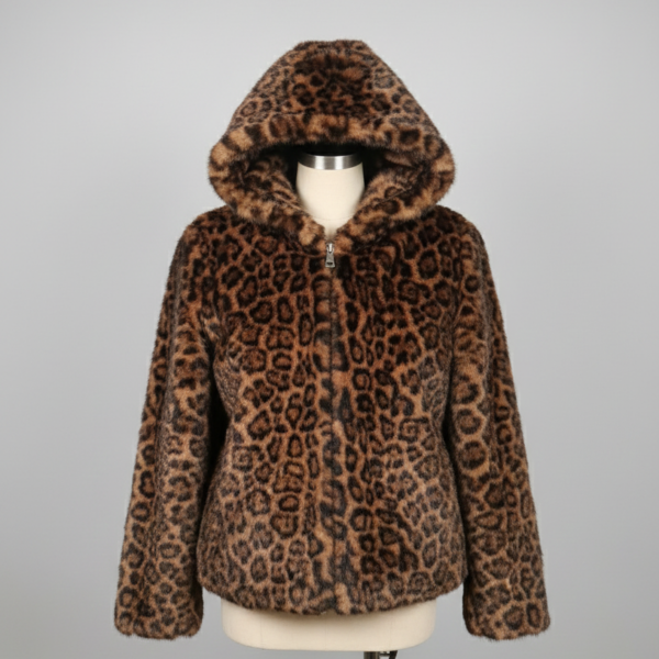 Giubbotto Bomber con Cappuccio in Eco-Pelliccia Leopardata