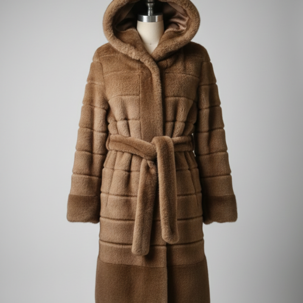 Cappotto Longuette in Eco-Fur Marrone a Sezioni con Cappuccio