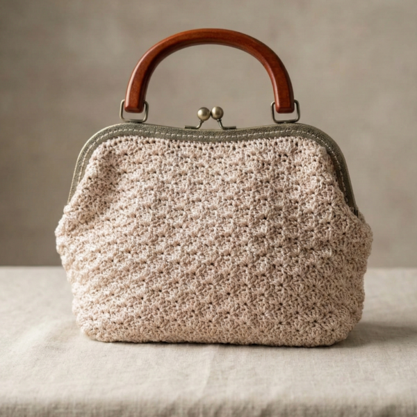 Borsa a Mano Vintage in Crochet Beige con Manico in Legno