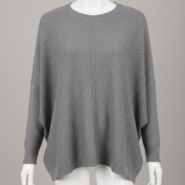 Maxi Maglia Grigia Oversize con Strass e Linea a Pipistrello