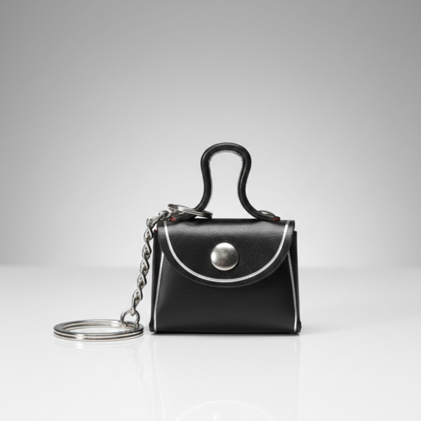 Portachiavi Pratiko Mini-Bag Squadrata in Pelle Nera con Profilo Silver