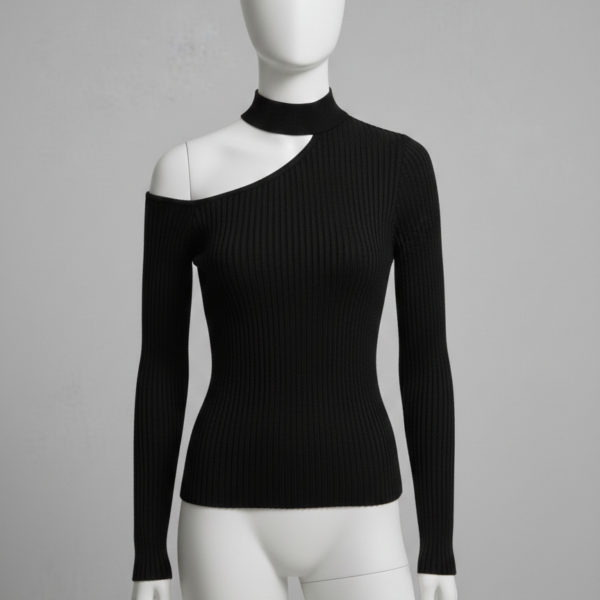 Maglia a Costine Nera Monospalla con Dettaglio Cut-Out e Choker